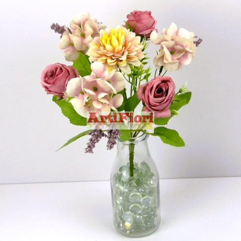 24446 - Dália rózsa hortenzia csokor 7 ágú 30 cm